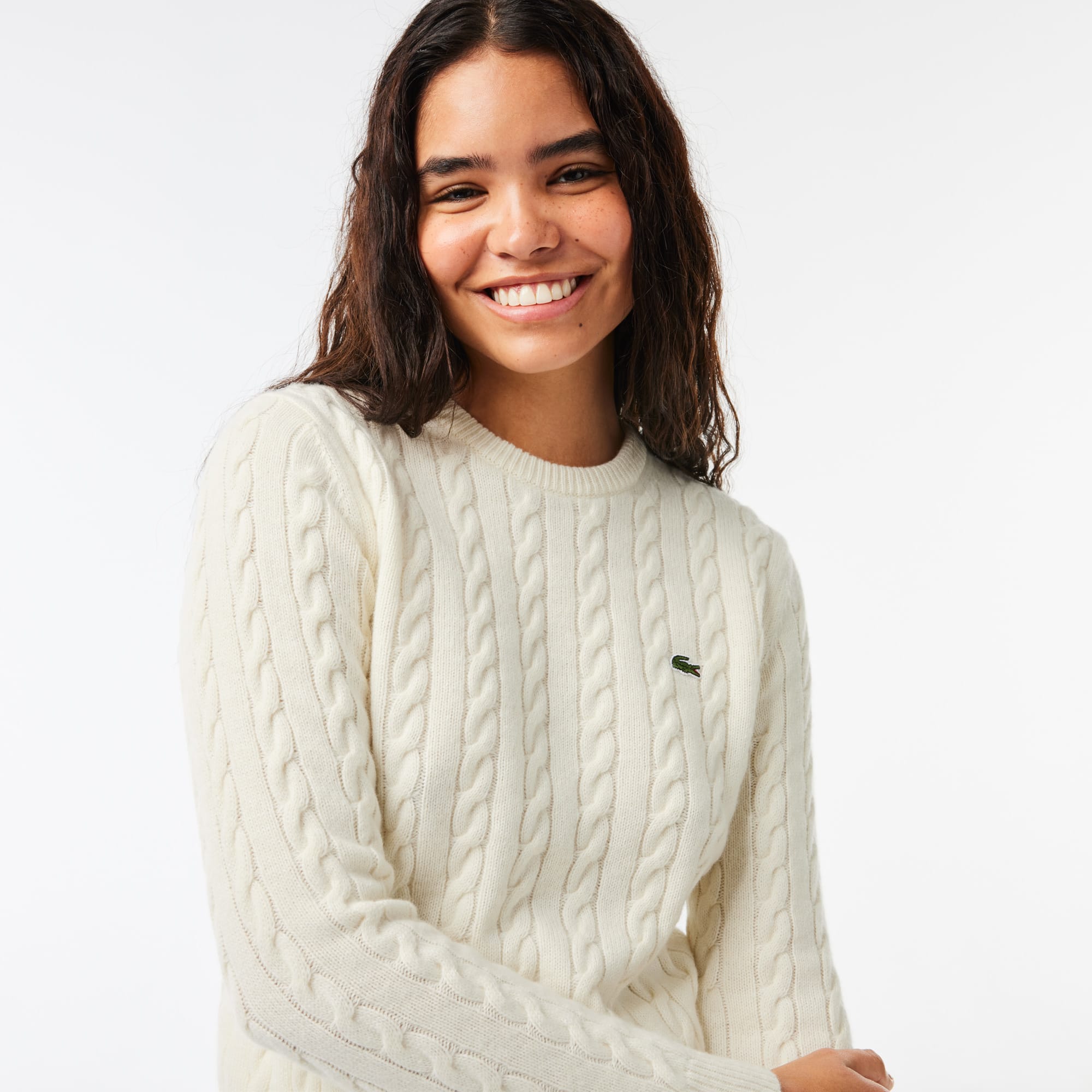 Pull à torsades moulinées en laine et coton Pullovers - Blanc - Lacoste - Femme