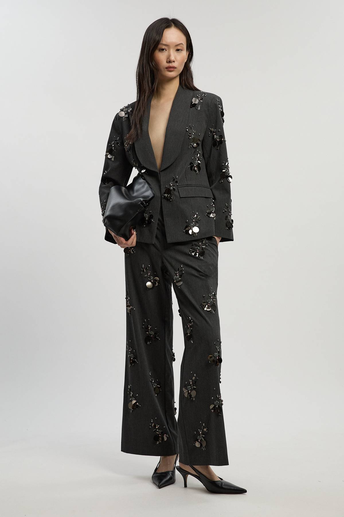 KarenMillen Pantalon Large Tailleur Orné de Paillettes et Cristaux en Petits Groupes