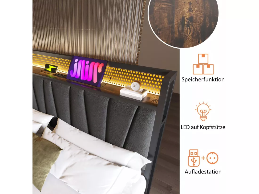 Lit double coffre 160x200cm+ matelas, avec LED et ports de charge USB, App contrôle, Gris