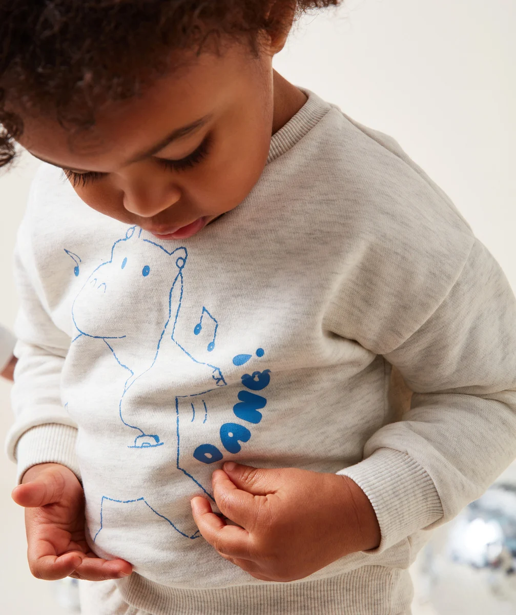 SWEAT BÉBÉ GARÇON EN FIBRES RECYCLÉES GRIS CHINÉ MOTIF BLEU