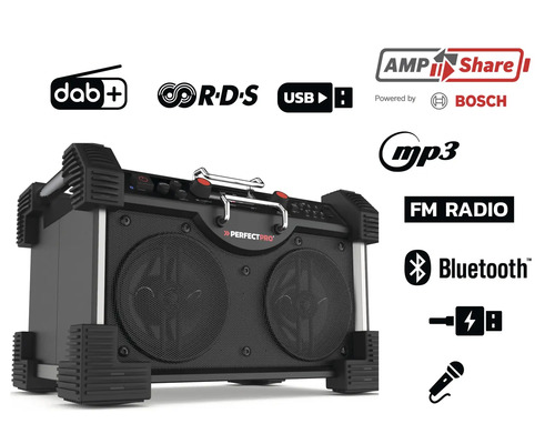 PerfecPro ROCKHART bouwplaatsradio met DAB+ en FM, Bluetooth, AUX-ingang en USB-ingang, RH4-18V compatibel met BOSCH PROFESSIONAL 18V AMPShare accuplatform