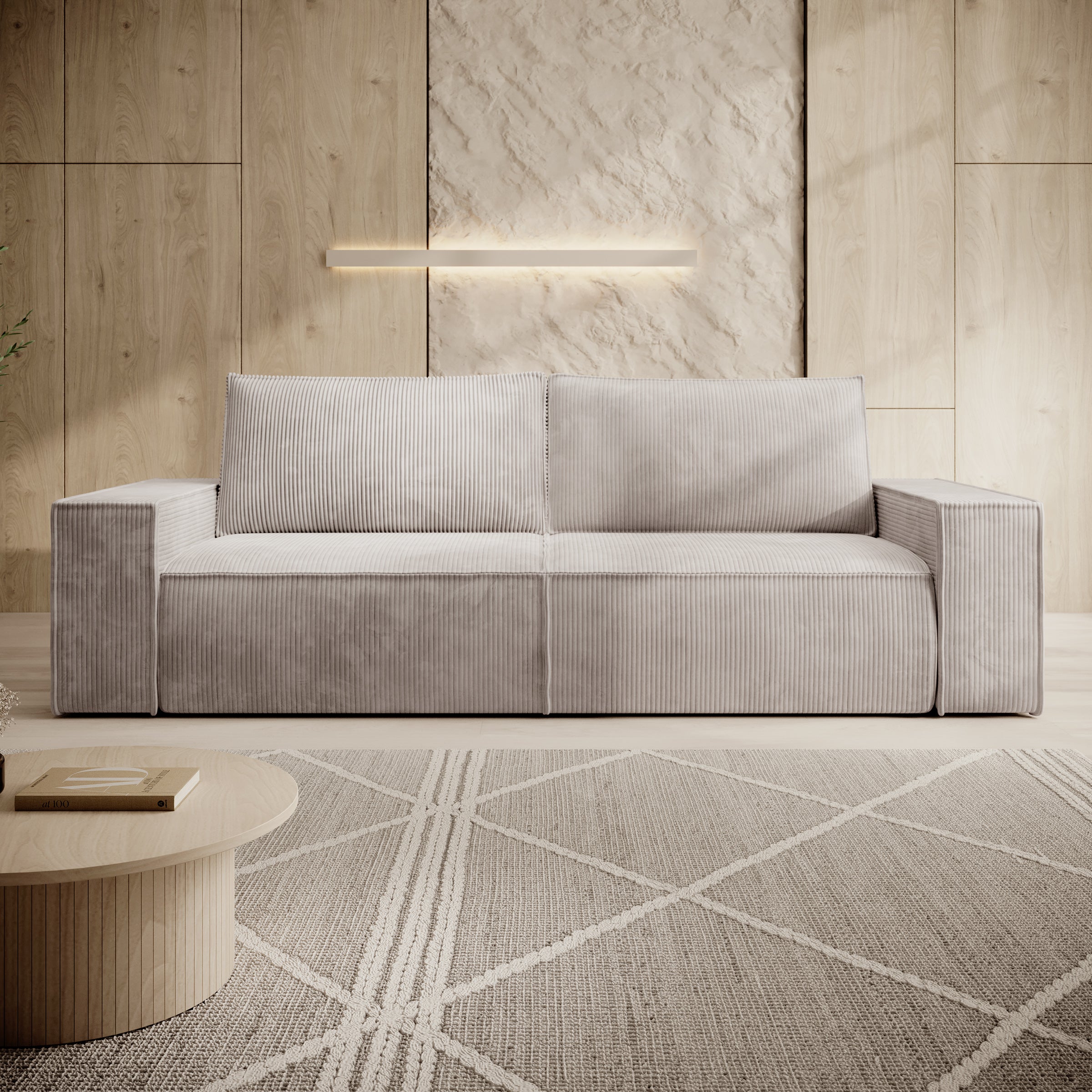 Foster - 3-zitsbank met slaapfunctie - Ribstof beige - 257x102x85 cm