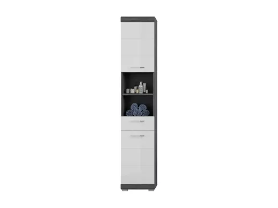 Ensemble salle de bain SCOTT – Meuble sous vasque, colonne, rangement miroir et meuble machine à laver – Gris foncé et blanc