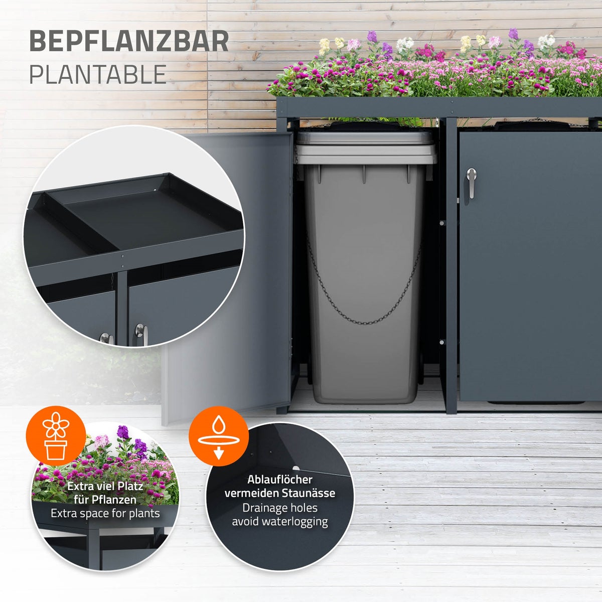 ML-Design 3-baks afvalcontainer met groen dak voor 3 afvalbakken, 240L, 200x80x124cm, antraciet, staal, weerbestendig, afsluitbare afvalbakbehuizing met deur, afvalbakbox, afvalbakcontainer, afvalbakdeksel