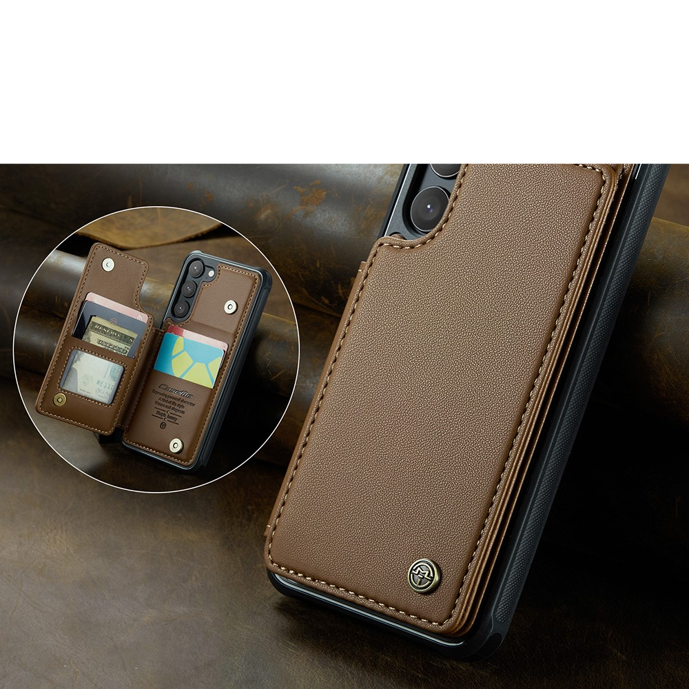 Samsung Galaxy S23 5G Leder Hülle mit Kartenfächern im Litchi Look   Kickstand (RFID Schutz) - Braun
