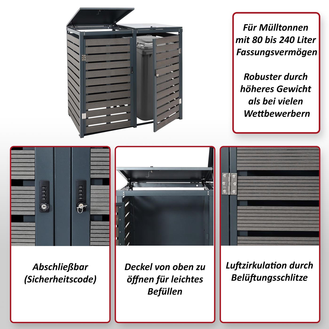2er Mülltonnenverkleidung MCW-K14, Mülltonnenbox Mülltonnenabdeckung, 119x134x84cm WPC Metall 78kg ~ anthrazit