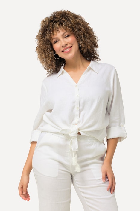 Bluse, Leinen, offener Kragen, Langarm