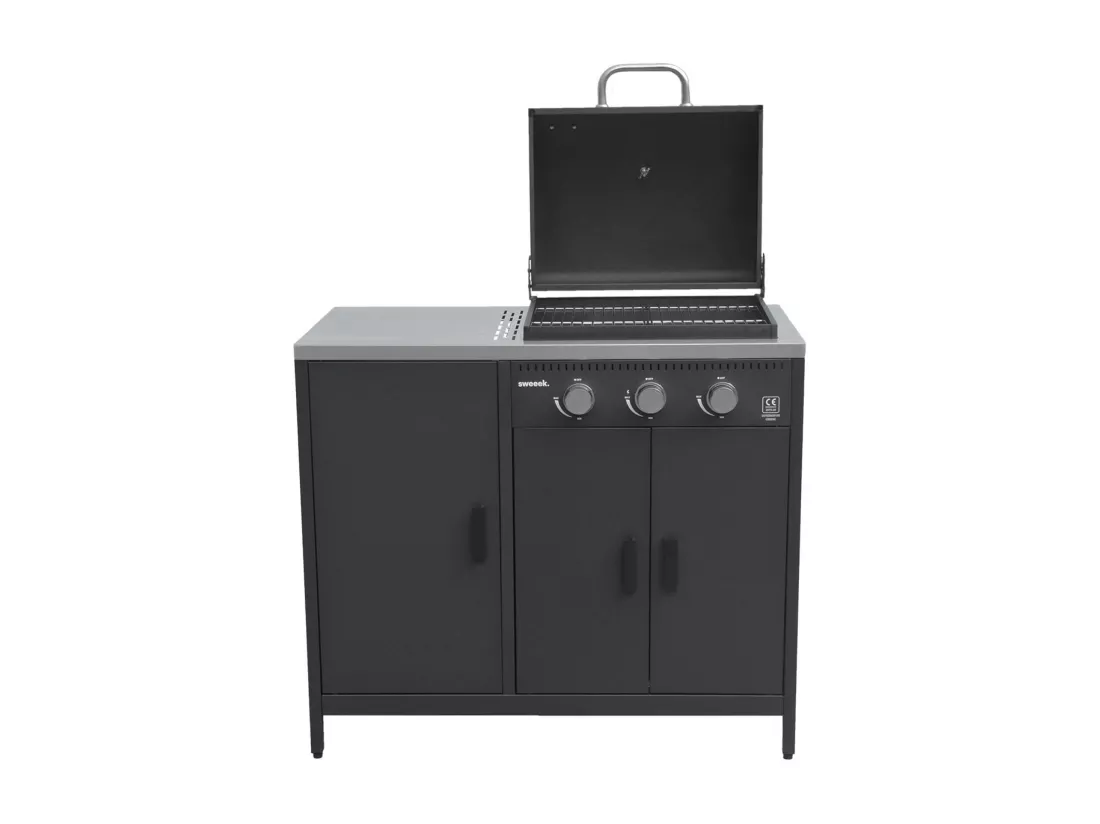 Barbecue gaz 3 brûleurs . noir. 3 portes et 2 espaces de rangement