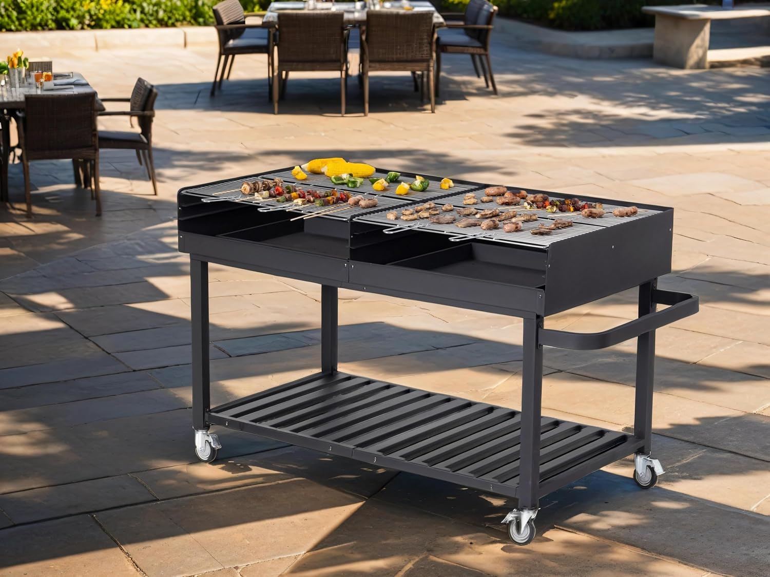 METRO PROFESSIONAL Holzkohlegrillwagen, 178 x 91 x 102 cm, Schutzhülle und Ablagebereich, Stahl/Edelstahl, schwarz