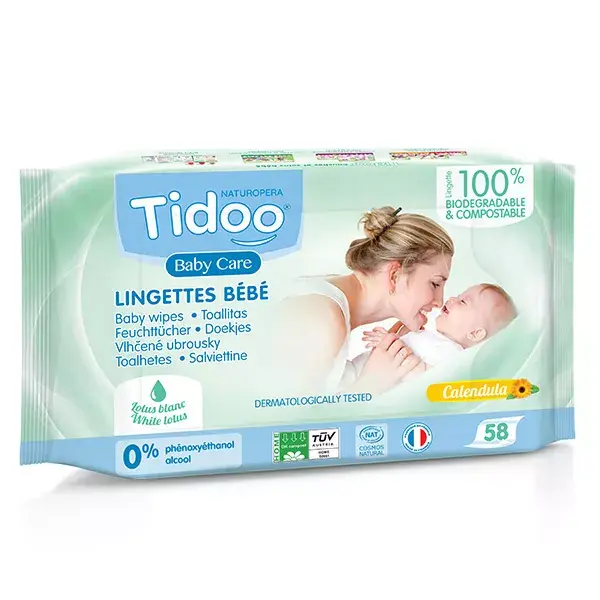 Lenços umedecidos compostáveis Tidoo Baby Care com calêndula orgânica, 58 unidades.
