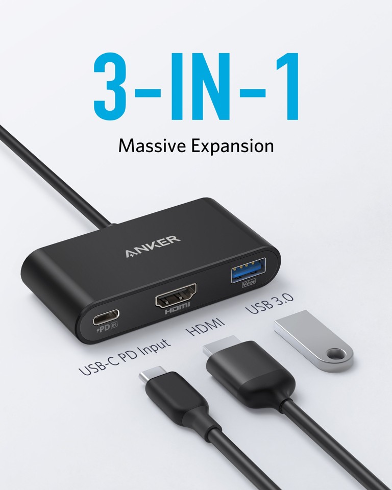 Anker - PowerExpand 3-i-1 USB-C PD Hub - Grå