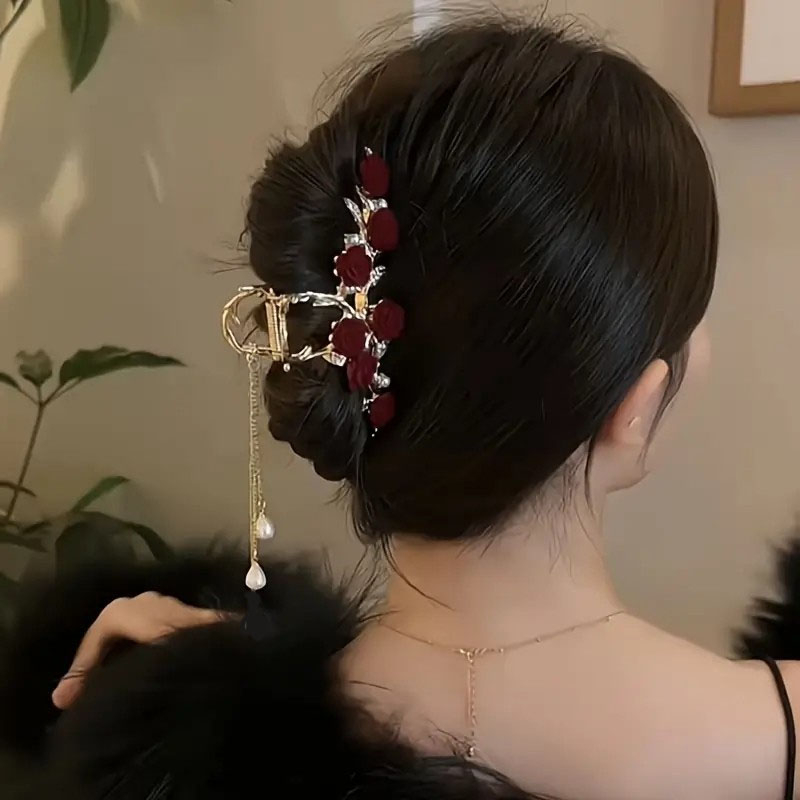 (12cm) Haarspange Klammer Strass Krallen Clip Haar Accessoire Rosen mit Perlen Anhänger - Gold / Rot