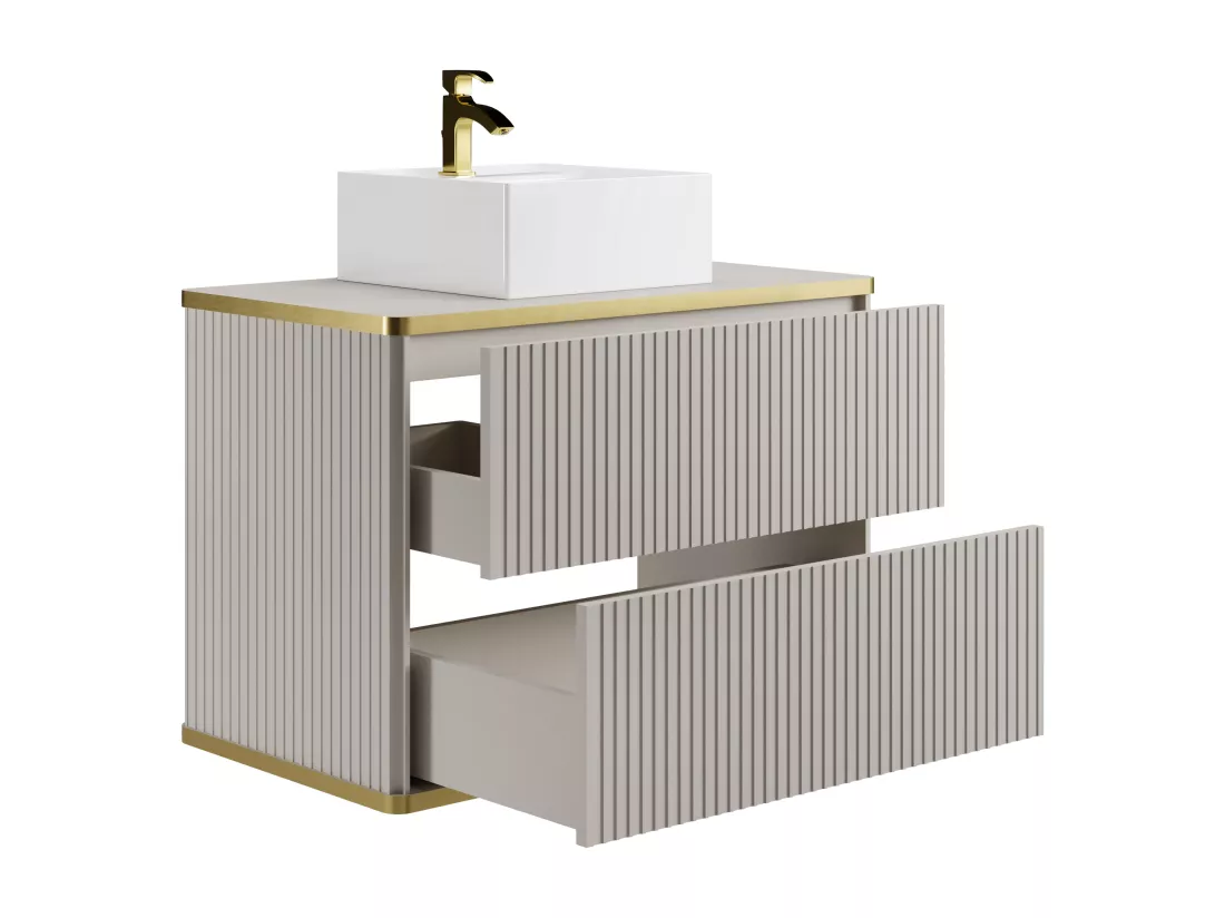 Meuble de salle de bain suspendu strié liseré doré avec vasque à poser carrée - Beige - 80 cm - KELIZA
