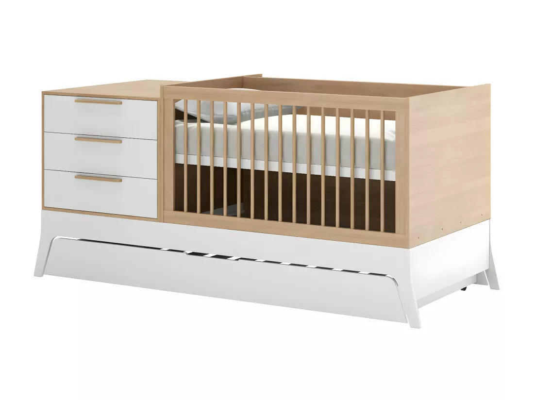 Pack lit bébé combiné et évolutif avec matelas 70x140 cm panneaux de fibres blanc et bois CHARLIE
