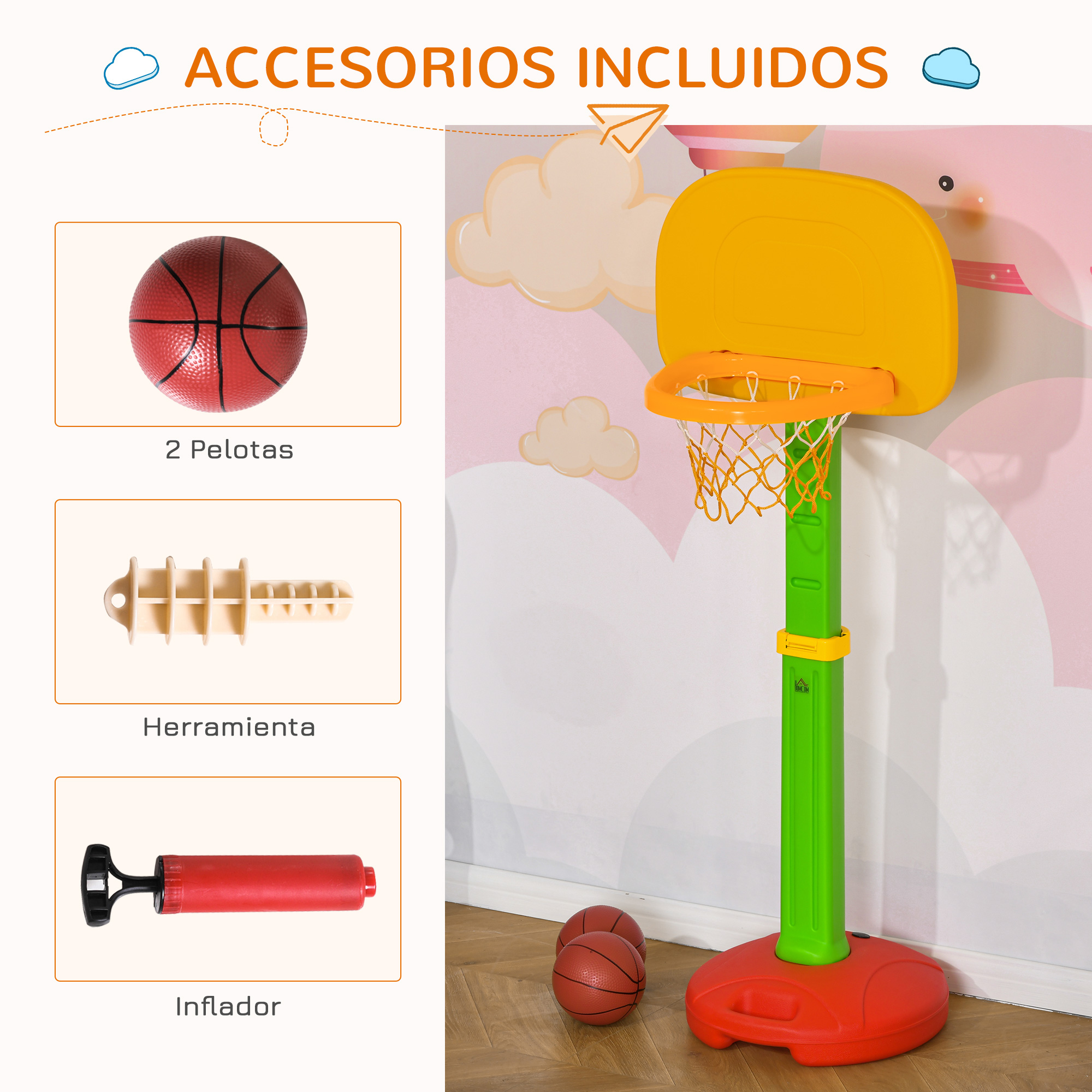Cesta de basquete infantil multicolorida HOMCOM com altura ajustável para crianças.