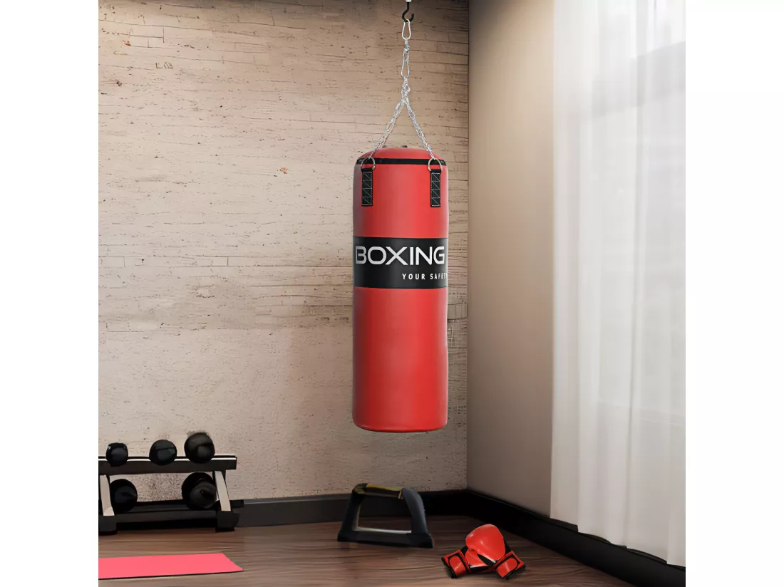 Sac de frappe à suspendre - kit de fixation, chaine 4 points, gants inclus - acier PVC EPE rouge noir
