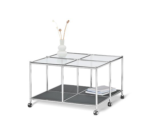 Couchtisch mit Rollen, Metall Glas