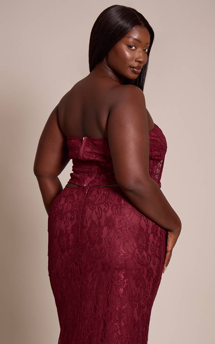Rouge Vin Top Corset Bandeau À Baleines En Dentelle Grande Taille Coordonné