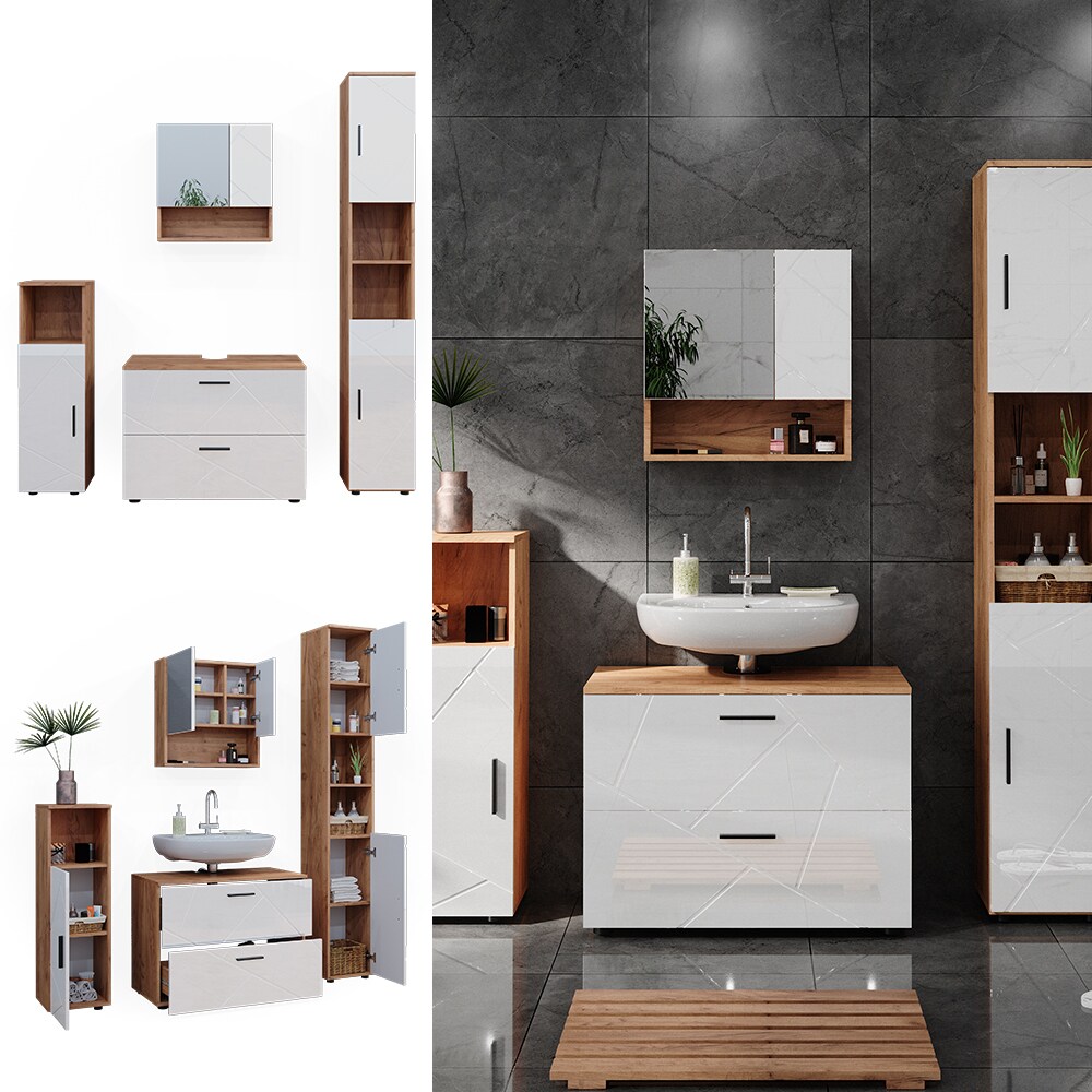 Vicco Badmöbelset Irma Eiche Weiß Hochglanz modern Badezimmerschrank Badschrank Badezimmermöbel Waschtischunterschrank Spiegelschrank Midischrank Hochschrank Schrankschublade Schranktür Schrankfach
