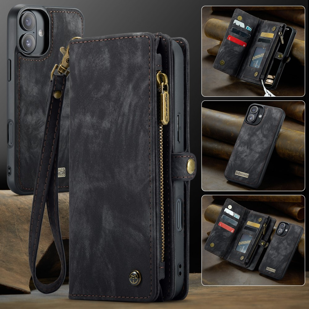 iPhone 16 2in1 Leder Tasche   Magnet Hardcase Karten Etui - Schwarz