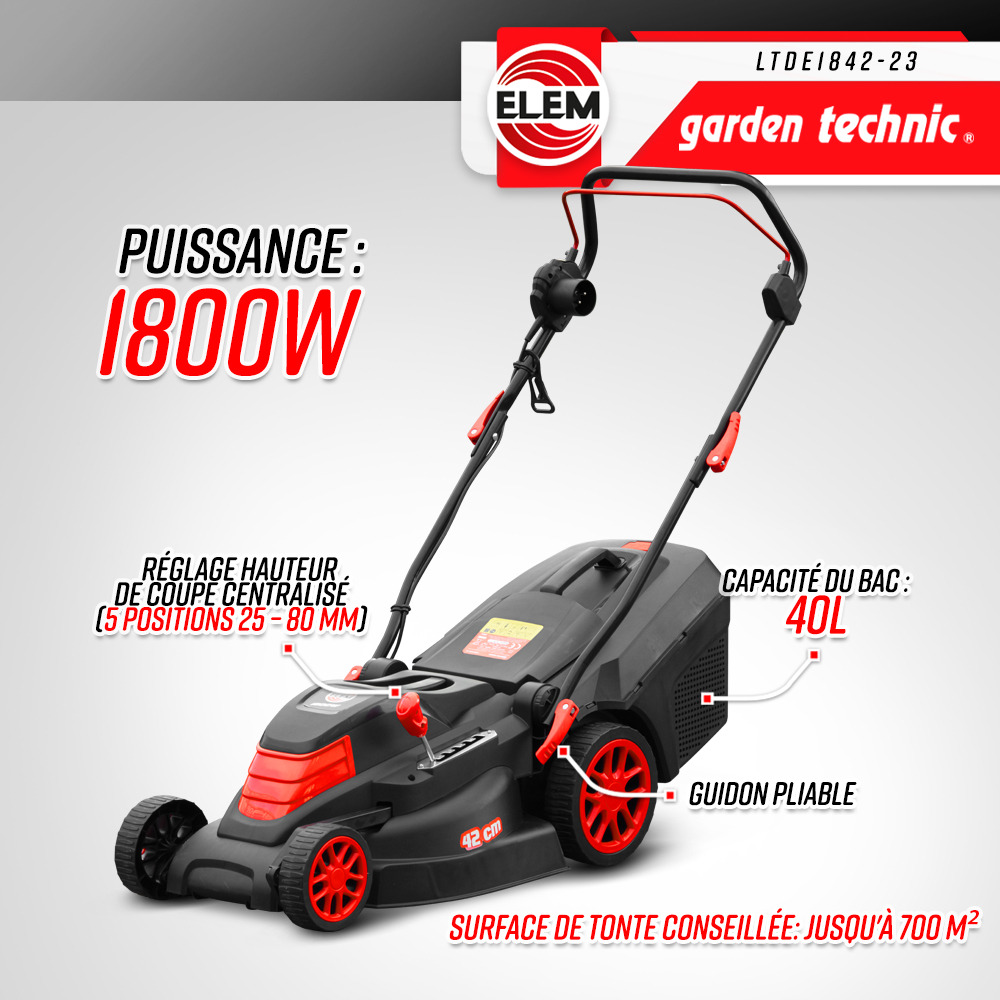 Tondeuse à gazon électrique 1800w - 42cm - elem garden