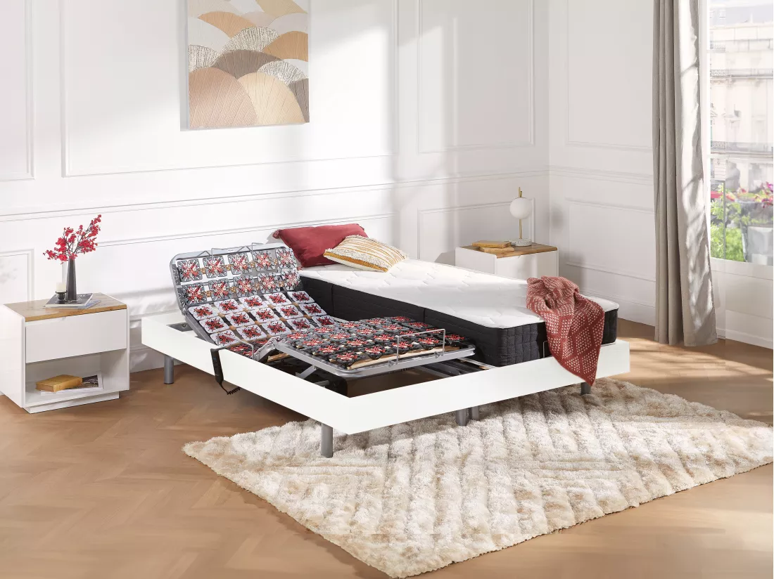 Lit électrique de relaxation tout plots + matelas ressorts ensachés et mémoire forme - 2 x 80 x 200 cm - Blanc - PHANES de YSMÉE