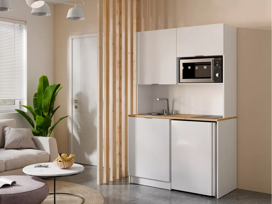 Meuble multifonction kitchenette et buanderie - Avec plan de travail 120 cm - Blanc et naturel - CARMEO