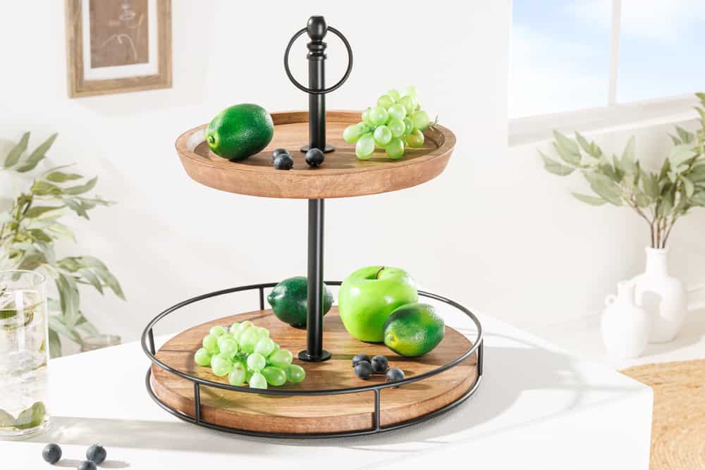 Massivholz Etagere PURE NATURE 40cm Mango rund mit zwei Etagen schwarzes Metall