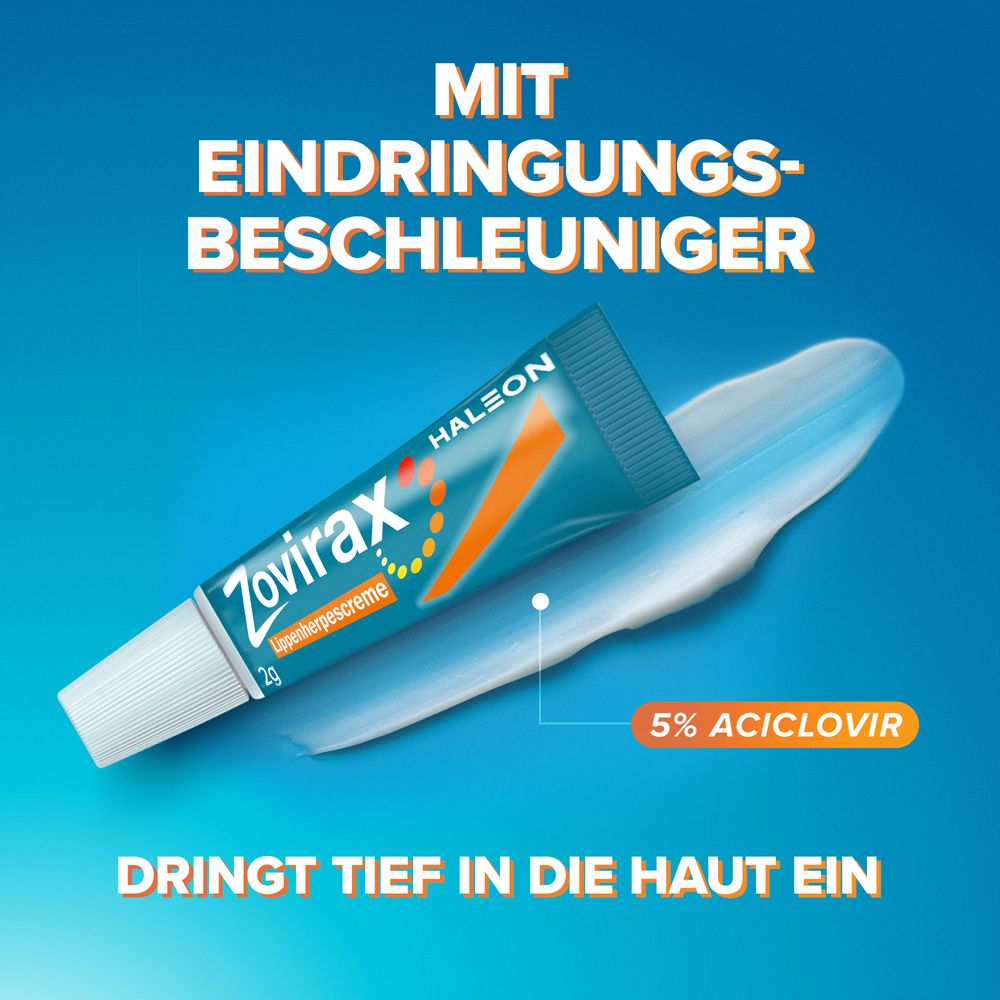 Zovirax Lippenherpescreme. 5 % Aciclovir. 2 g Packung.