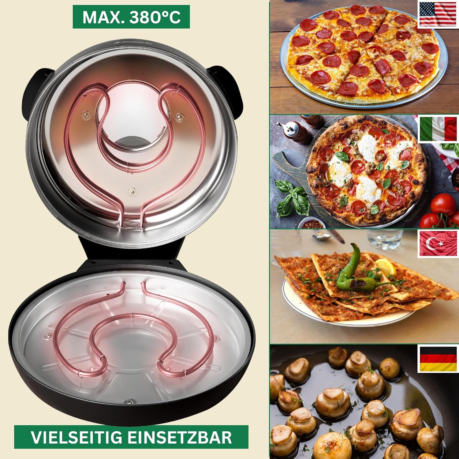 PizzaProfi XXL Pizzaofen mit 39cm Steinplatte – Pizza Ofen elektrisch, schnelle 3-Minuten Pizza, bis 380°C – 5-teiliges Set mit Pfanneneinsatz, 2x Pizzaschieber, Schneider, Pizzastein