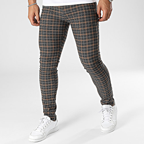 Pantalon Chino A Carreaux Bleu Marine Marron