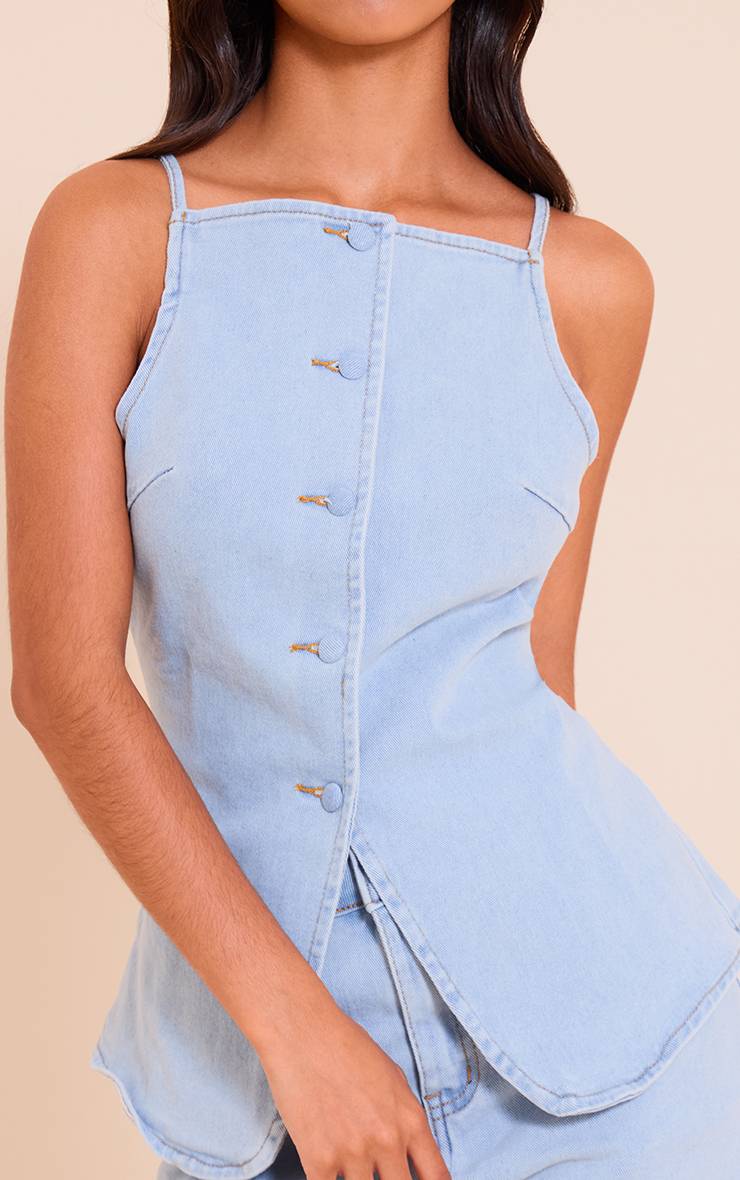 Bleu Clair Top En Denim Petite Col Carré Ajusté