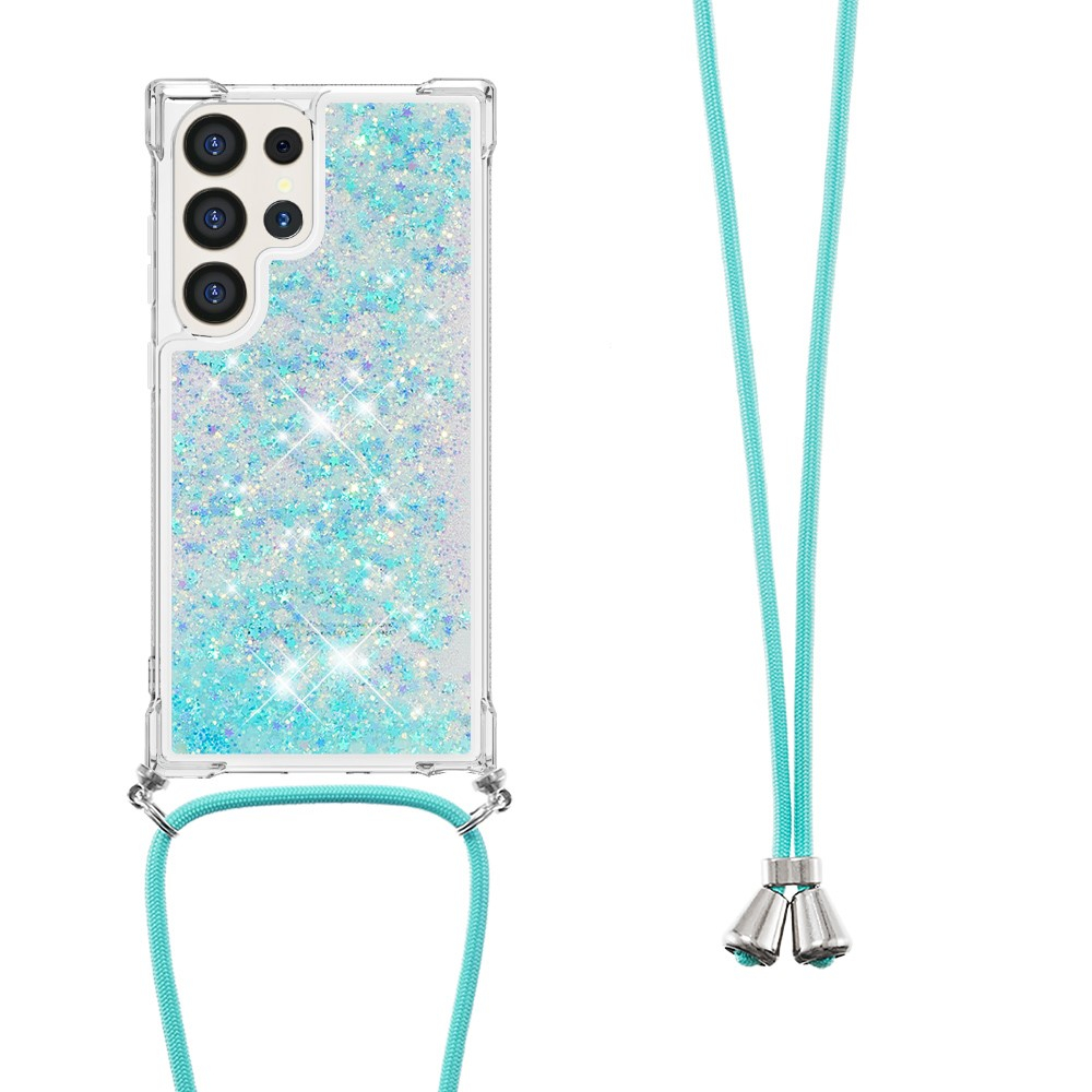 Samsung Galaxy S24 Ultra Necklace Gummi Hülle Liquid Glitzer   Handykette (130cm) - Türkis