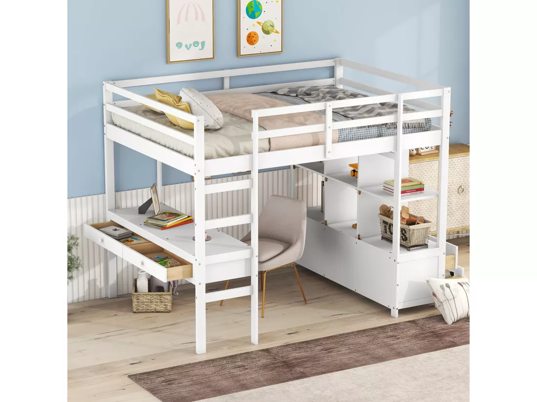 Lit mezzanine enfant 140 x 200 cm avec tiroirs et bureau - Bois de pin - Sommier à lattes - Blanc