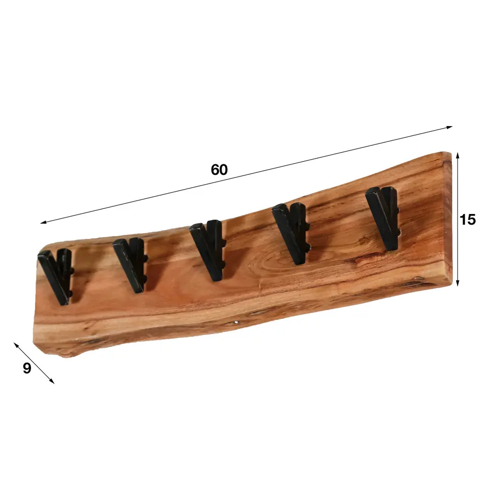 Industriële kapstok Levi massief hout 5 haken horizontaal 9x60x15 cm Hout