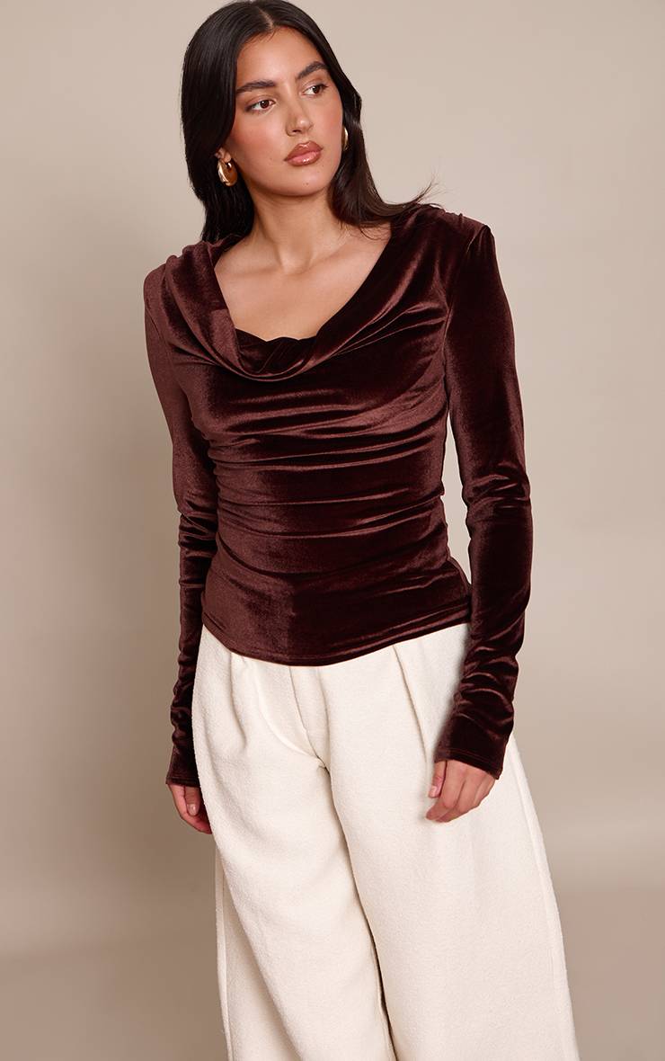 Marron Top En Velours À Manches Longues Et Col Bénitier