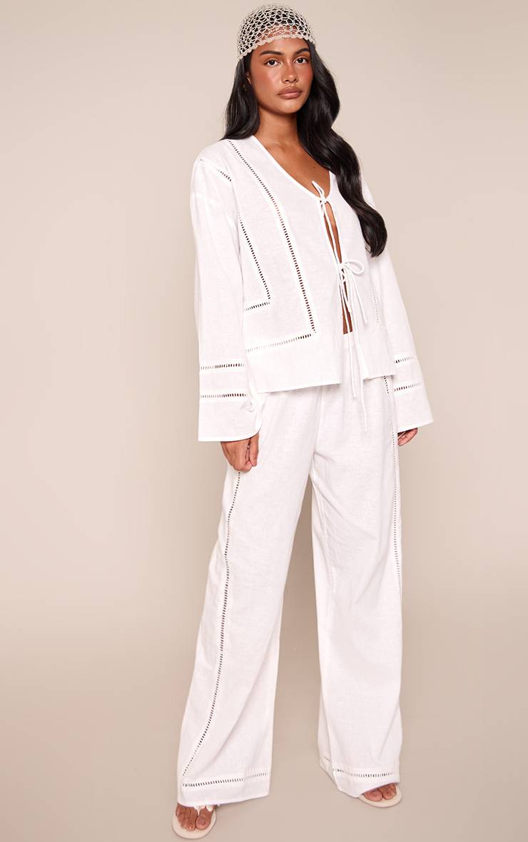 Blanc Ensemble Coordonné Pantalon En Lin Avec Détails Ajourés