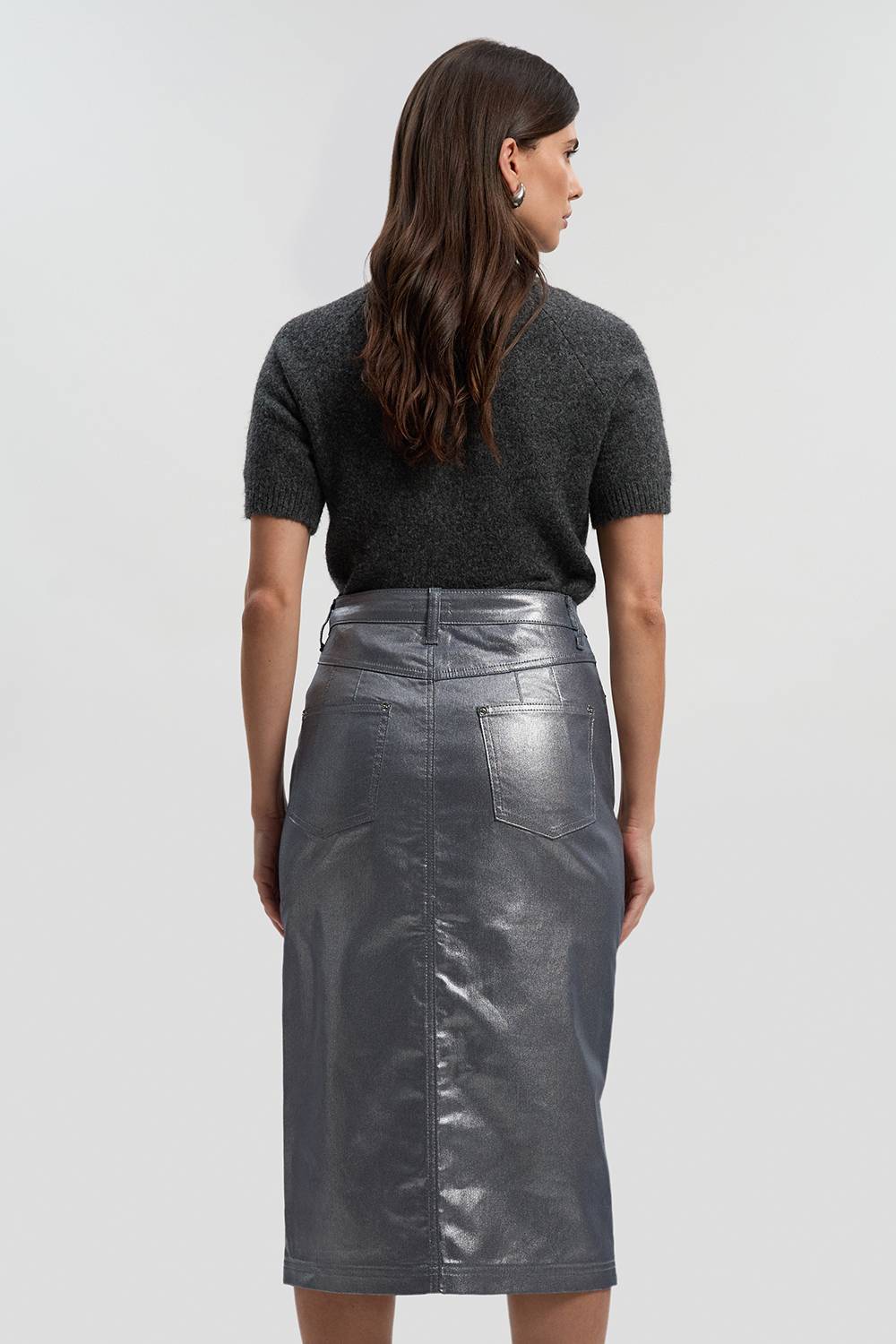 KarenMillen Jupe Crayon Mi-Longue en Denim à Revêtement Métallisé