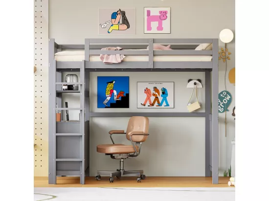 Lit mezzanine 90x200cm - avec échelle - avec 6 tiroirs - avec étagères - design rail haut - sommier à lattes - bois massif - gris (matelas non inclus)