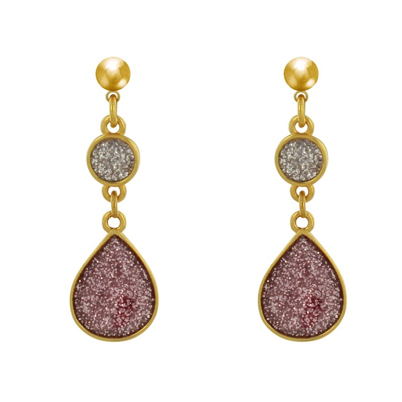 Boucles d'Oreilles Laiton Doré Disque et Goutte Résine Pailletée
