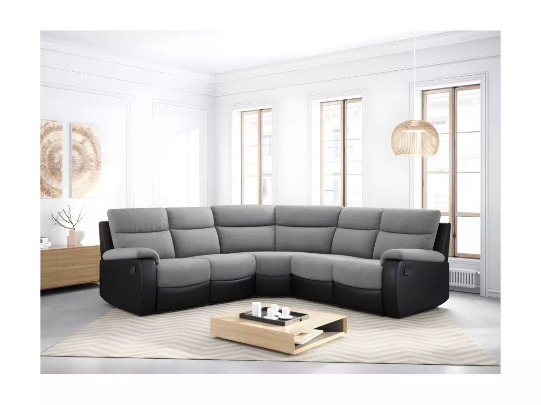 Canapé d'Angle de Relaxation Oscar 5 places bi-matière - Gris/Noir - L238 x P238 x H99cm - Loungitude