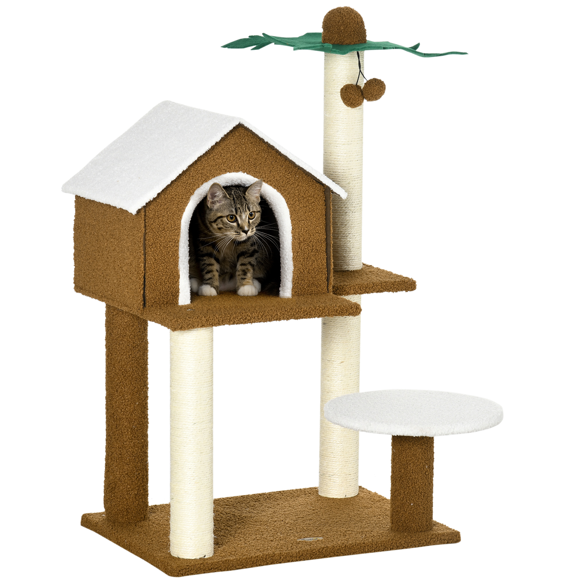Arranhador para Gatos PawHut, 89 cm de altura, Torre para Gatos com Casinha de Pelúcia, Plataforma, Poste em Sisal em Formato de Coco e Bolas Penduradas, 55x40x89 cm, Marrom