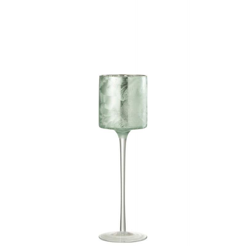 Photophore sur pied motif arbres en verre argent et vert 9x9x30cm