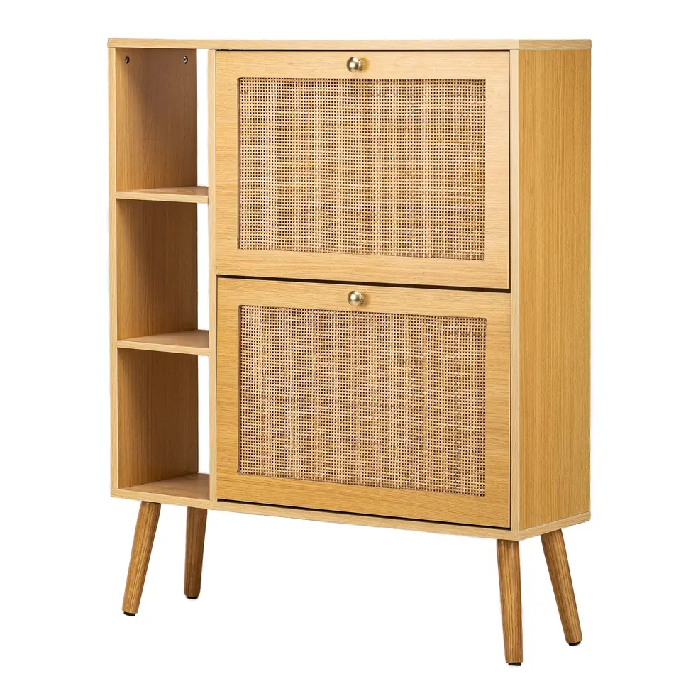 Schoenenkast met 2 laden van hout en rotan