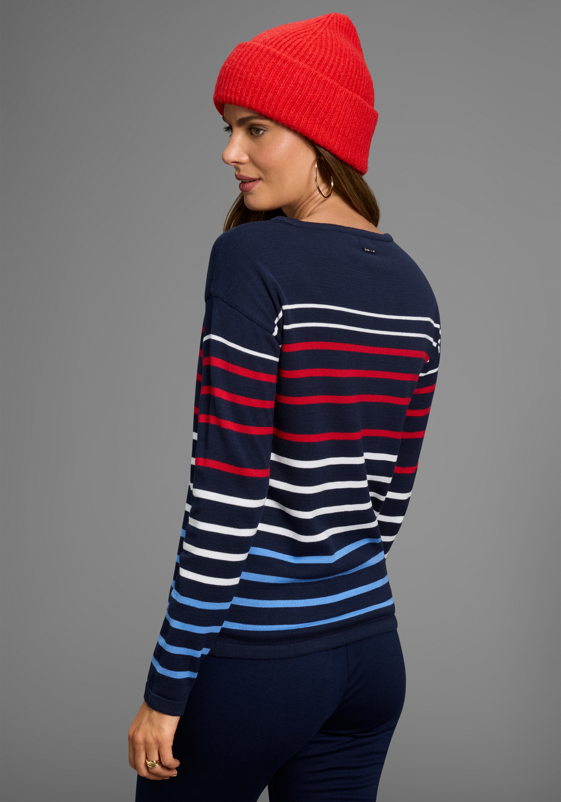 Laura Scott Streifenpullover , Feinstrickpullover mit Rundhalsausschnitt und Bindeband