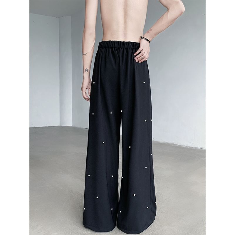 Freehop - Hoge taille, kralen, effen, wijde pijpen broek