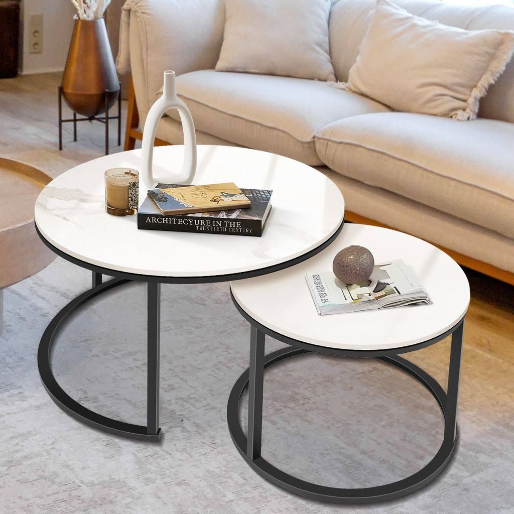 Mulisoft Couchtisch Rund 2er Set Marmor Satztisch, Couchtischset Weiß
