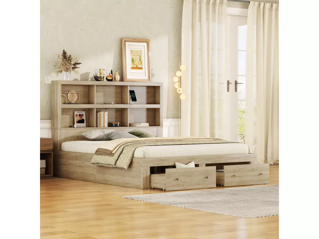 Lit double en bois massif avec tiroirs de rangement et tête de lit, naturel