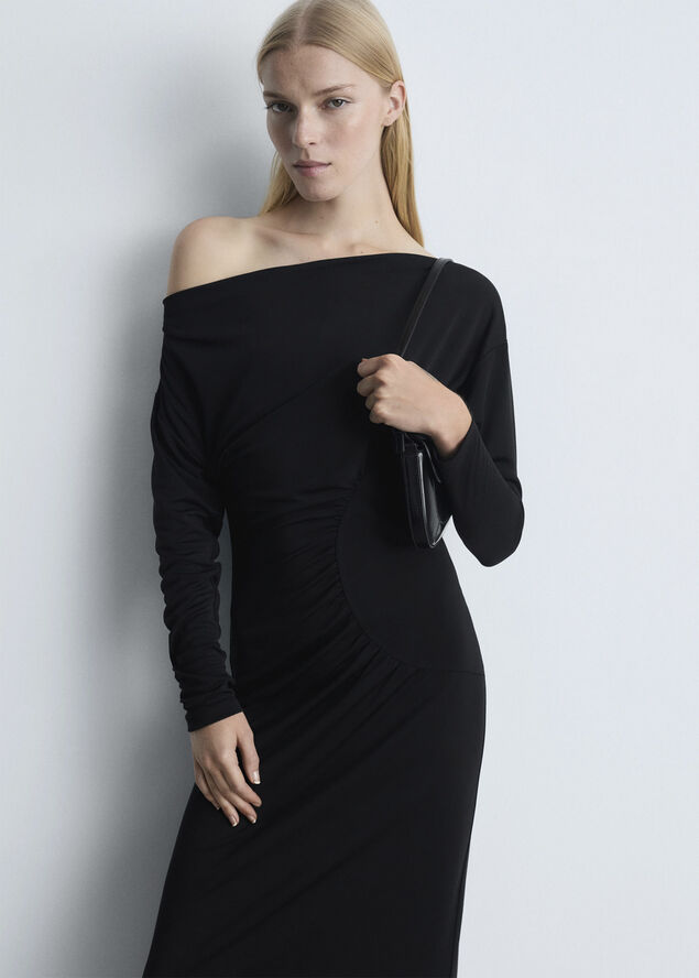 MANGO Off-the-shoulder ruffled dress Black