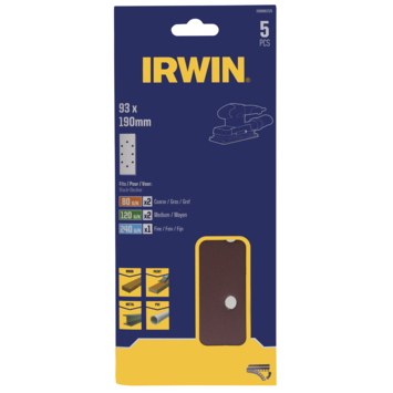 Irwin schuurvel 190 x 93 mm K80/K120/K240 zelfhechtend, met perforatie voor B D, 5 stuks.